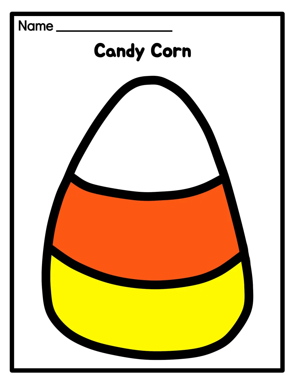 Candy Corn template in color: a large candy corn with white tip, orange middle and yellow base, with a name line at top