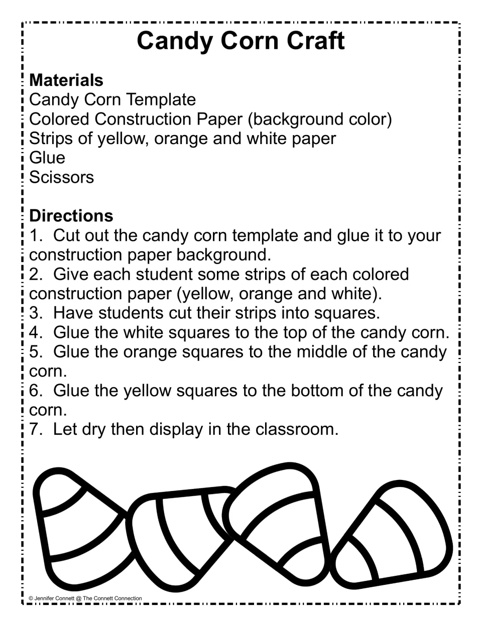 Candy corn paper-square directions: students cut color strips into squares and glue white, orange, yellow onto the template
