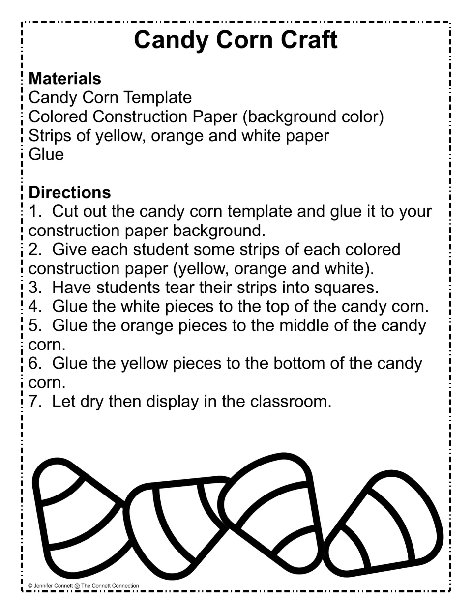 Candy corn torn-paper directions: students tear colored strips into pieces and glue on white, orange and yellow bands