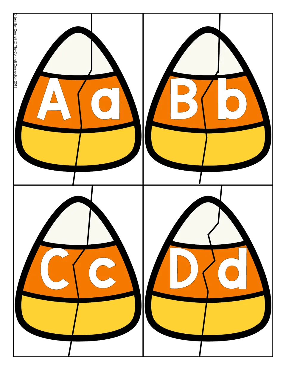 Letters A to D: four candy corn puzzles, each cut in two so students match uppercase A, B, C, D to lowercase a, b, c, d