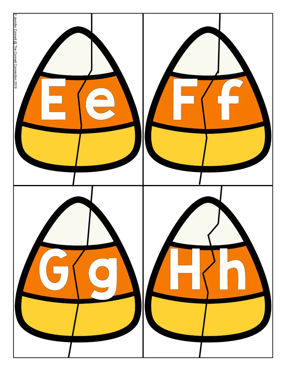 Letters E to H: candy corn puzzles split down the middle; students join each capital E, F, G, H with its lowercase partner