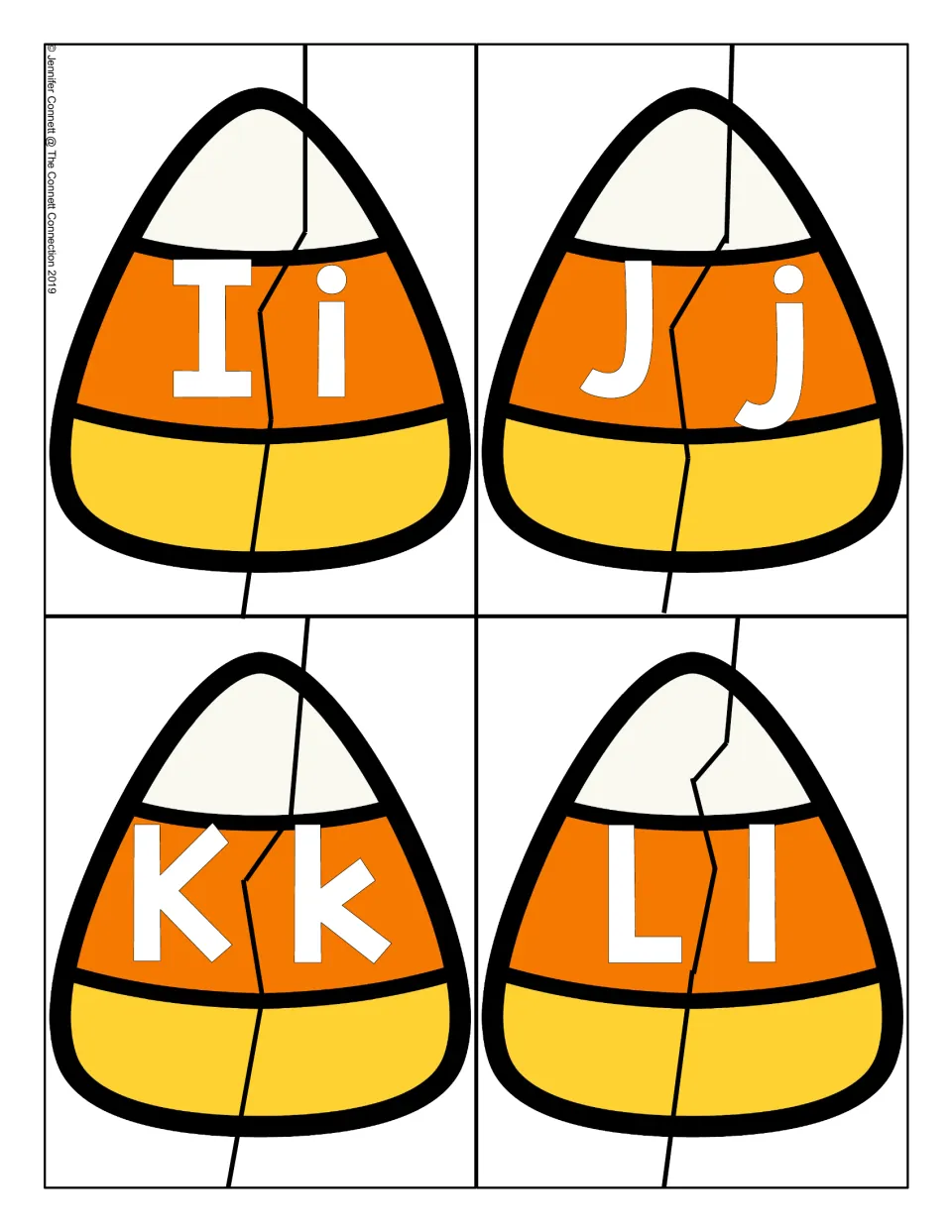 Letters I to L: two-piece candy corn puzzles for matching uppercase I, J, K, L to lowercase i, j, k, l by the cut edge