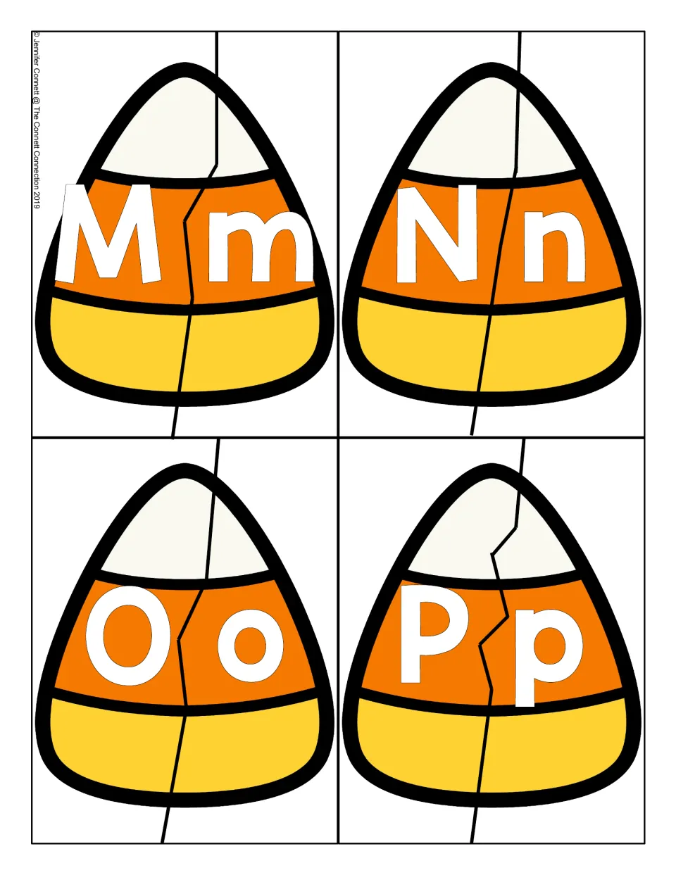 Letters M to P: candy corn puzzles where students fit a capital M, N, O or P half to its matching lowercase half