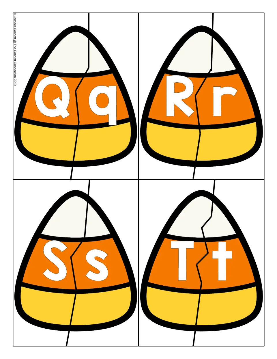 Letters Q to T: candy corn puzzles cut in two for pairing uppercase Q, R, S, T with lowercase q, r, s, t