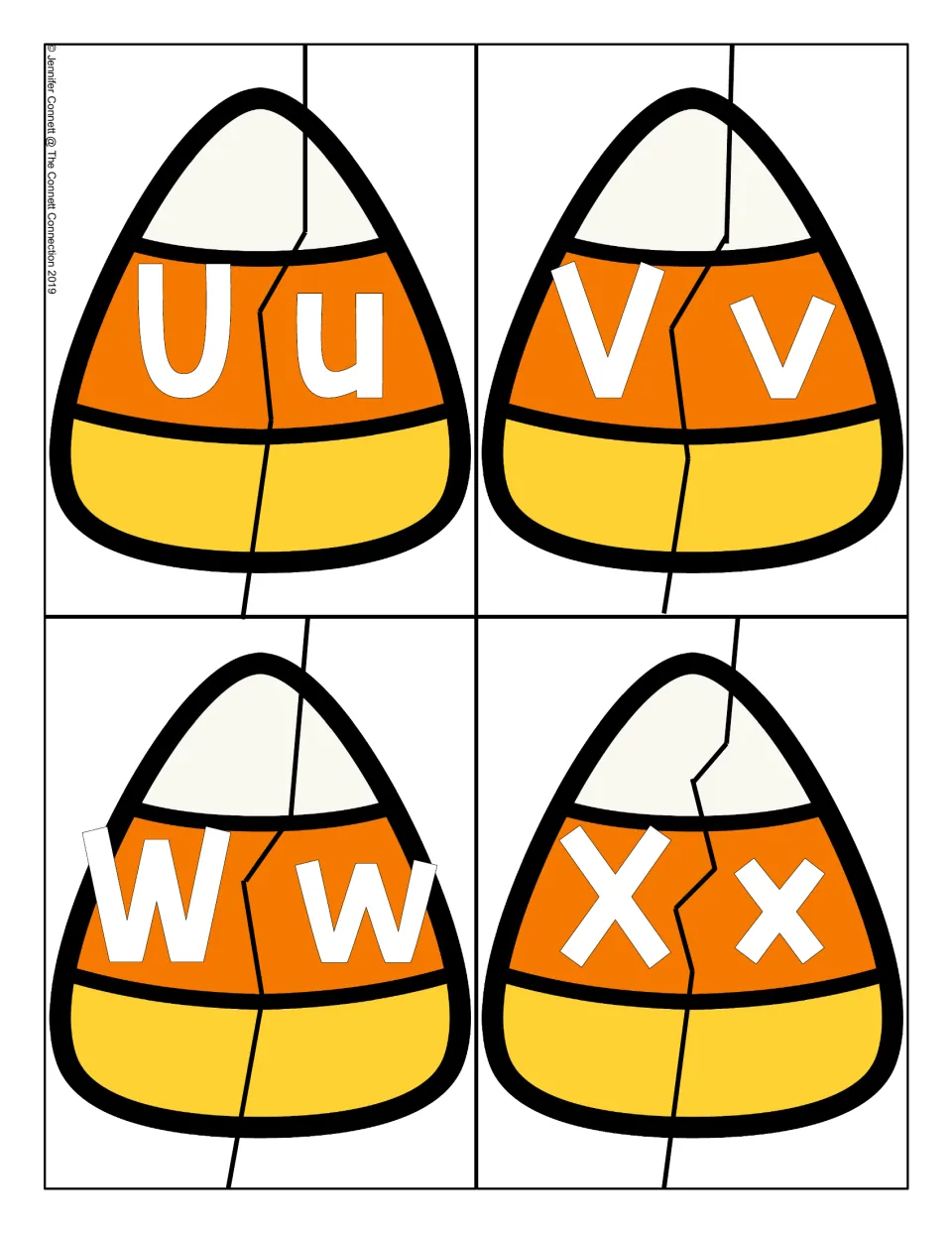 Letters U to X: two-piece candy corn puzzles; students match capital U, V, W, X to lowercase u, v, w, x