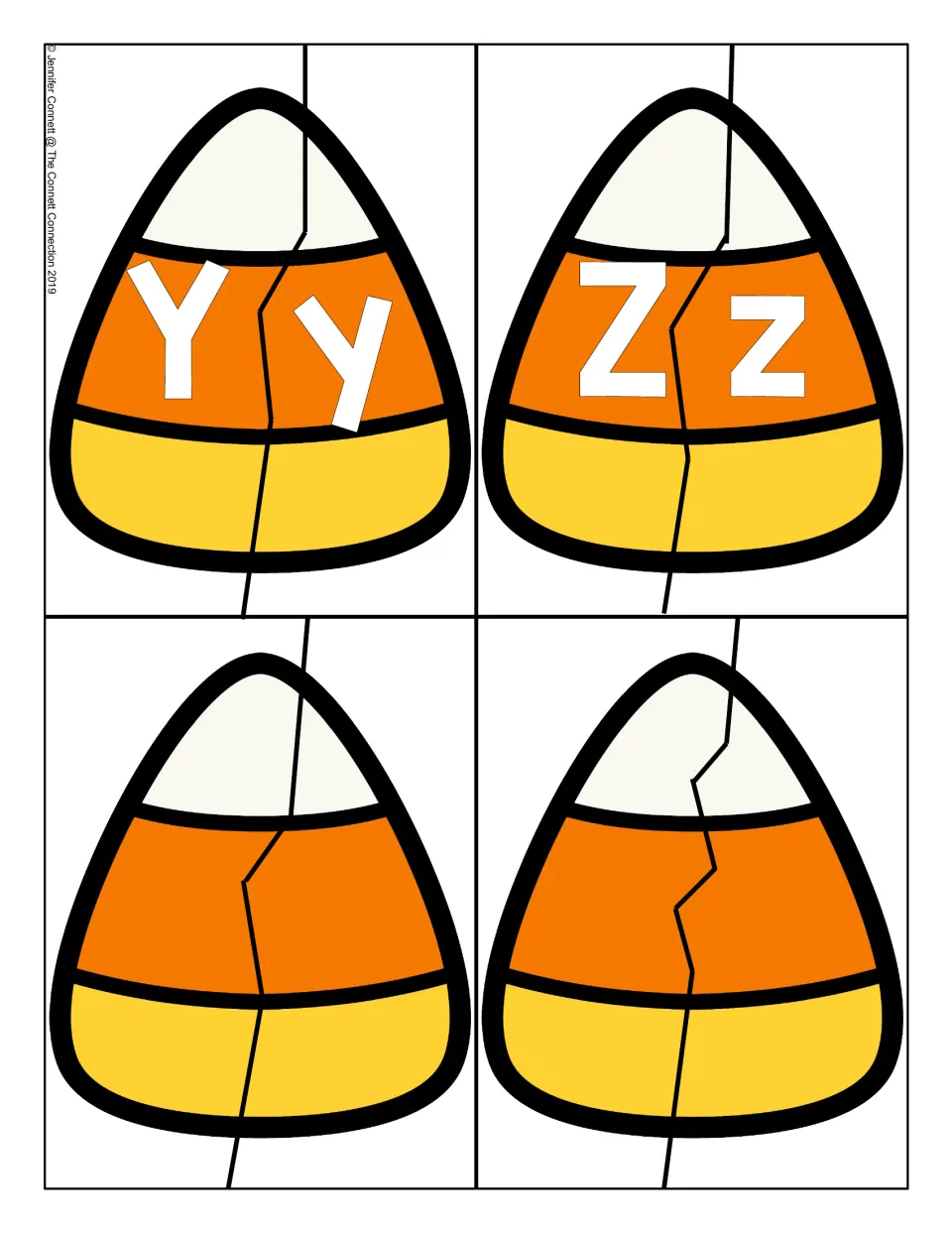 Letters Y and Z: candy corn puzzles pairing Yy and Zz, plus two blank candy corn puzzles with no letters