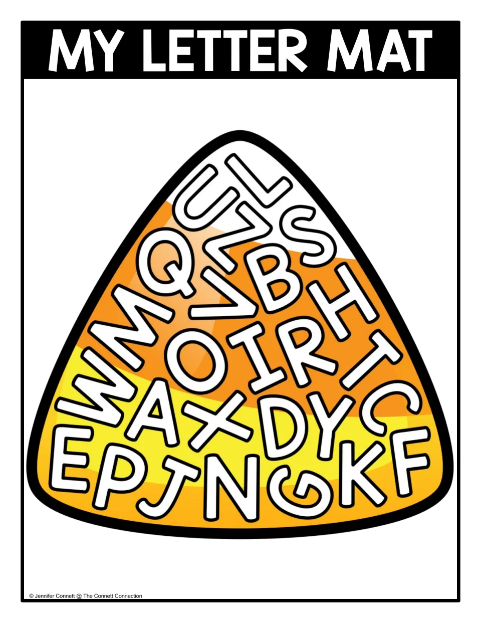 Uppercase letter seek-and-find mat with outlined A–Z letters scattered inside a full-color candy corn