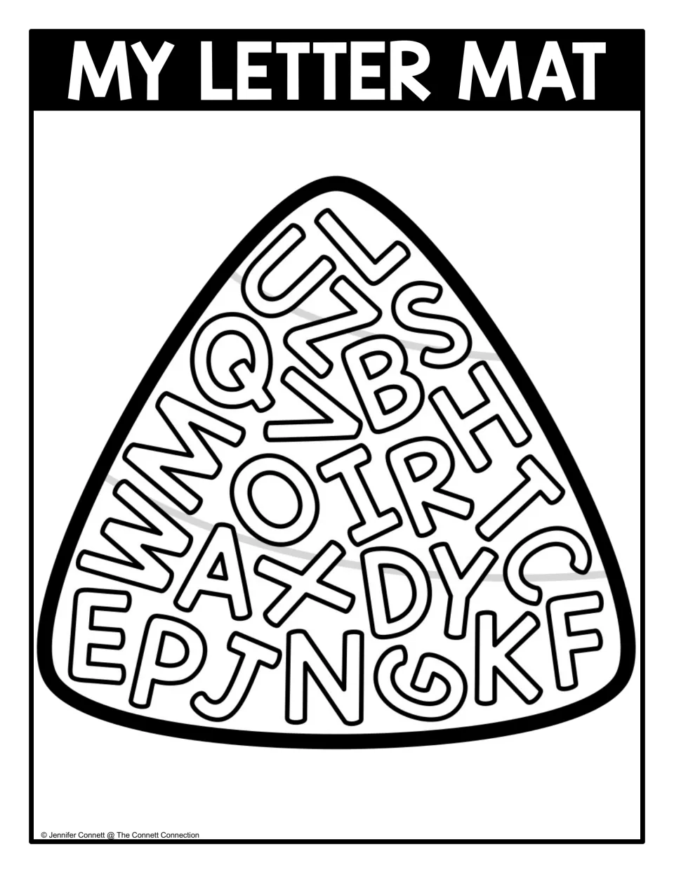 Uppercase letter seek-and-find mat with outlined A–Z letters scattered inside a black-and-white candy corn