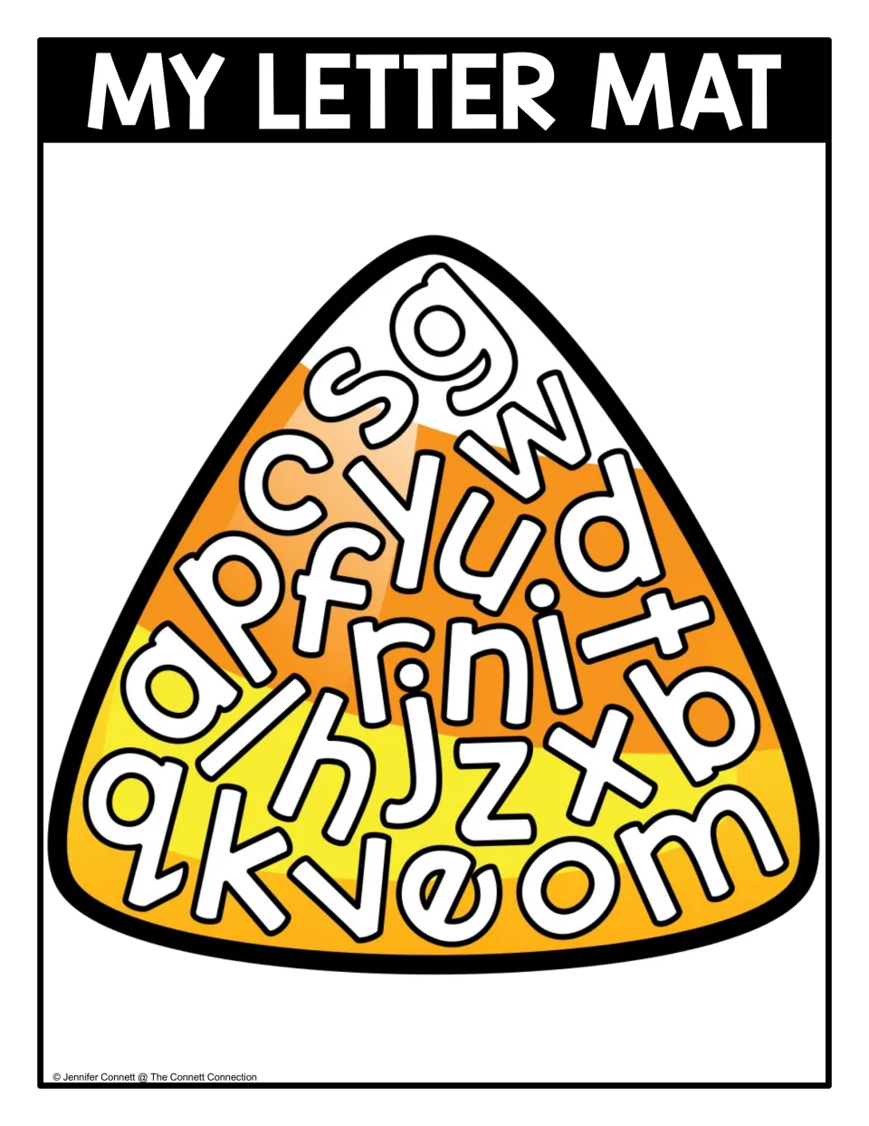 Lowercase letter seek-and-find mat with outlined a–z letters scattered inside a full-color candy corn
