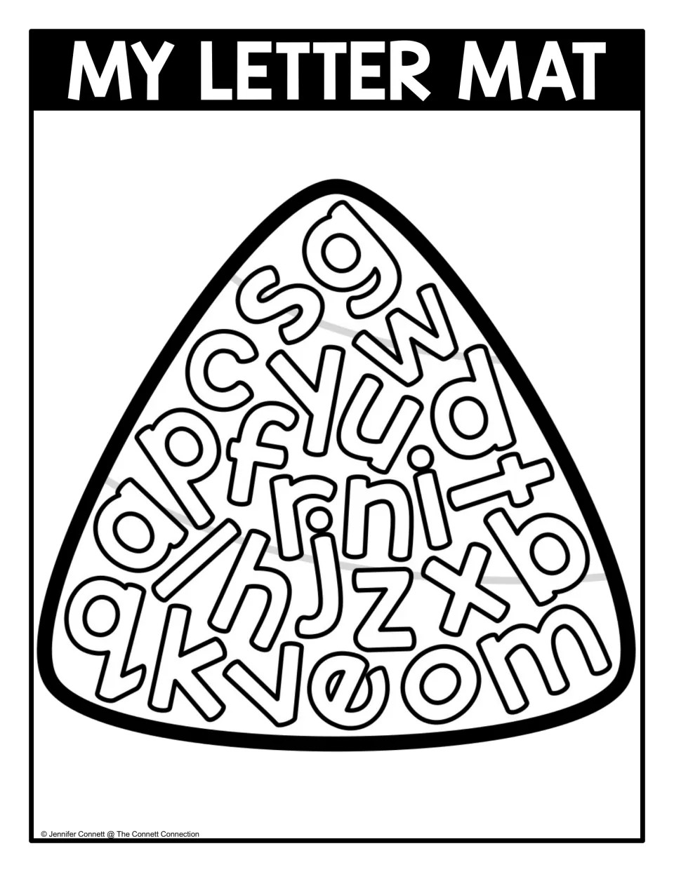 Lowercase letter seek-and-find mat with outlined a–z letters scattered inside a black-and-white candy corn