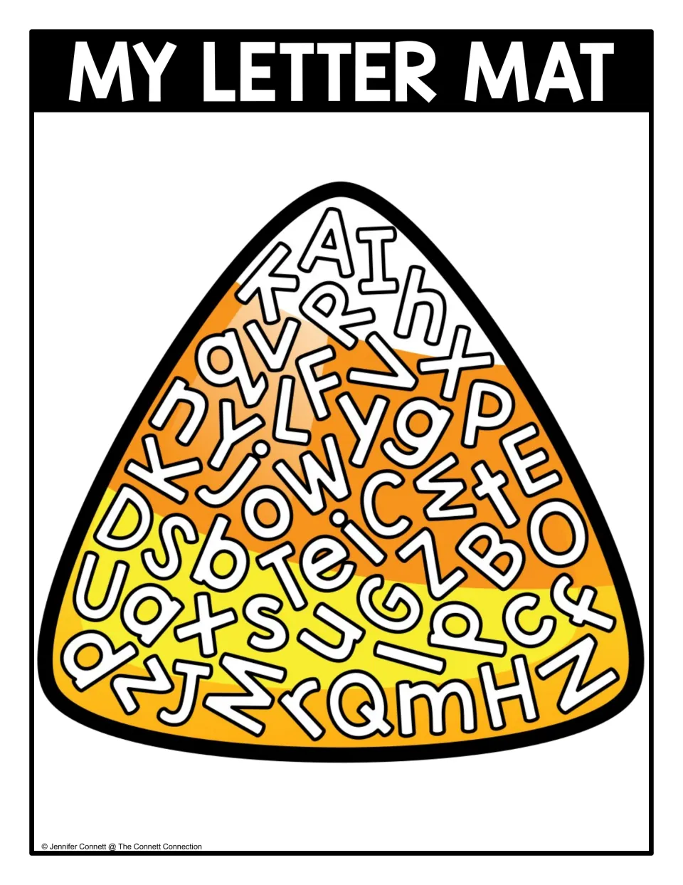 Mixed-case letter seek-and-find mat with uppercase and lowercase letters inside a full-color candy corn