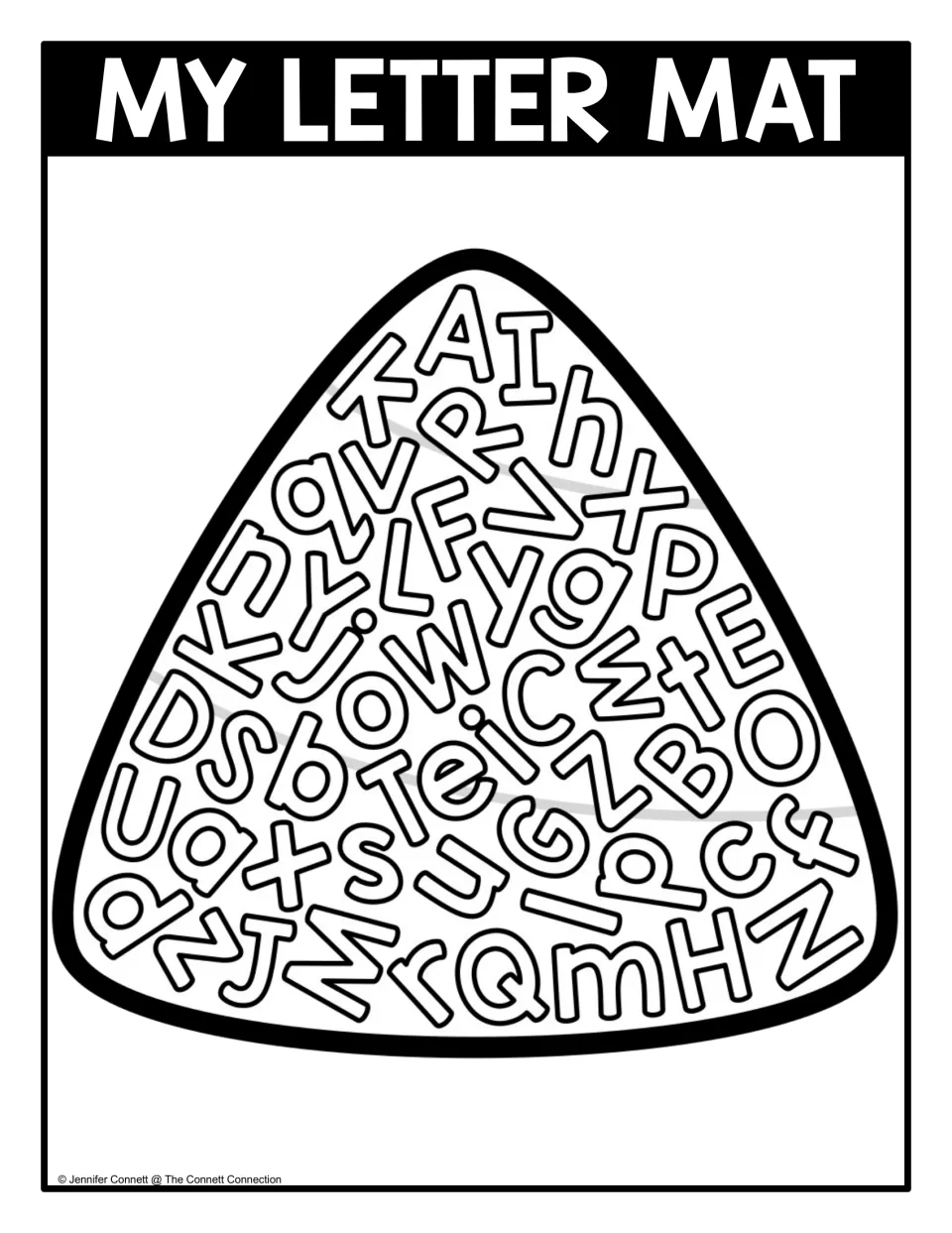 Mixed-case letter seek-and-find mat with uppercase and lowercase letters inside a black-and-white candy corn