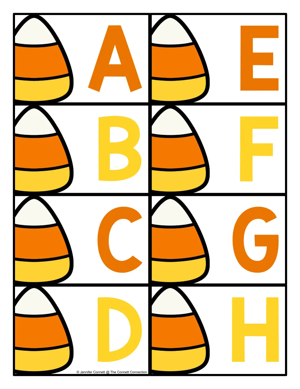 Alphabet cards A–H from the letter recognition set, each pairing an uppercase letter with a candy corn