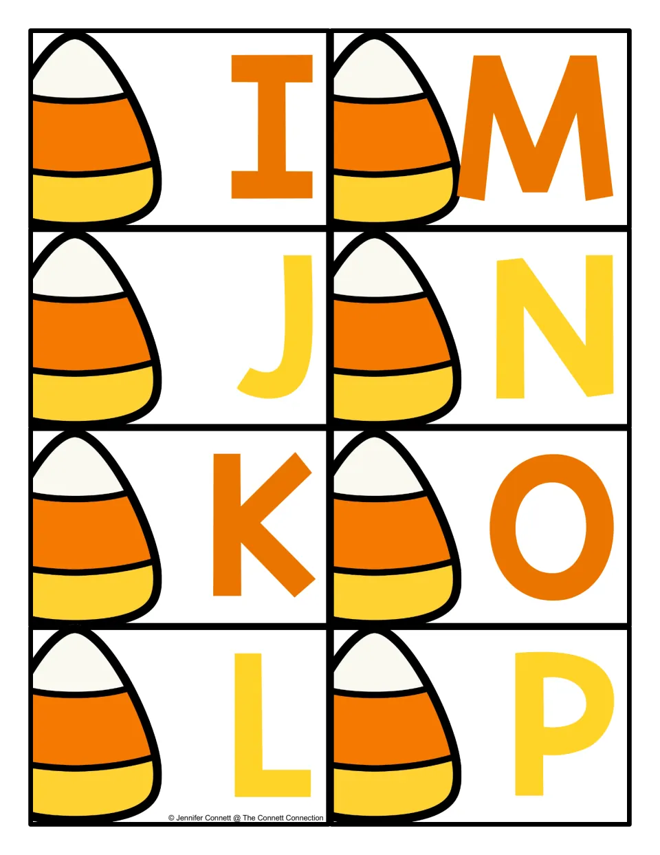 Alphabet cards I–P from the letter recognition set, each pairing an uppercase letter with a candy corn