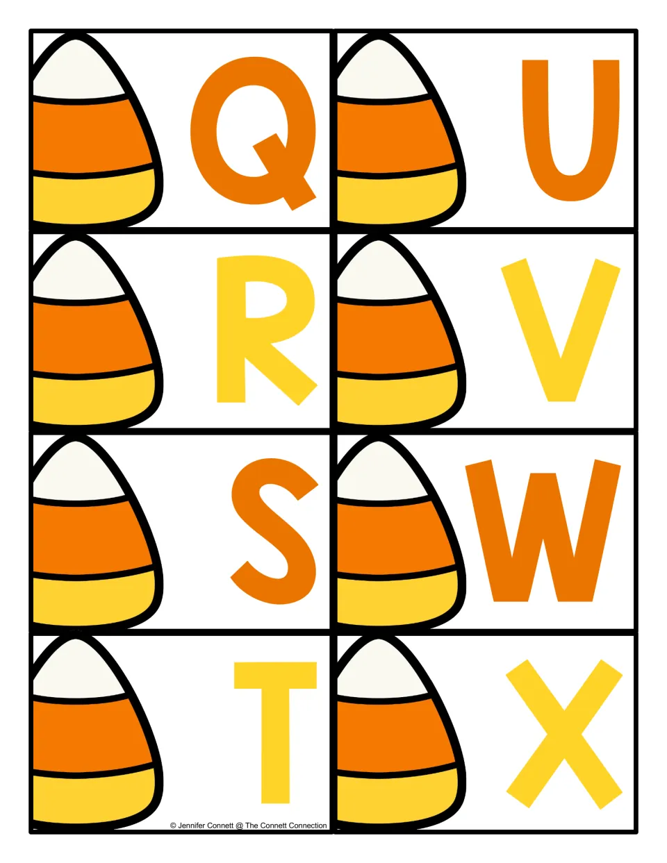 Alphabet cards Q–X from the letter recognition set, each pairing an uppercase letter with a candy corn