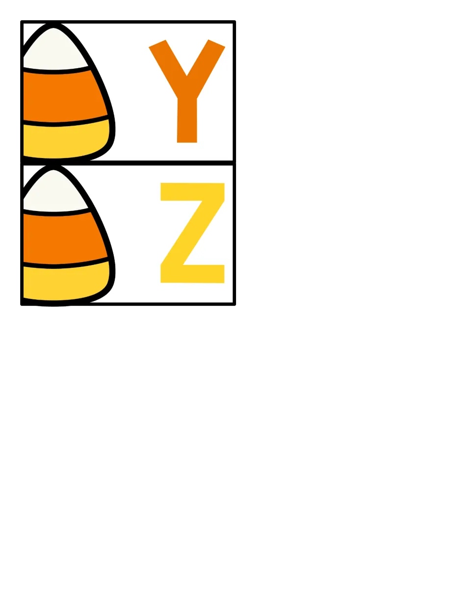 Final two alphabet cards in the letter recognition set: uppercase Y and Z, each paired with a candy corn