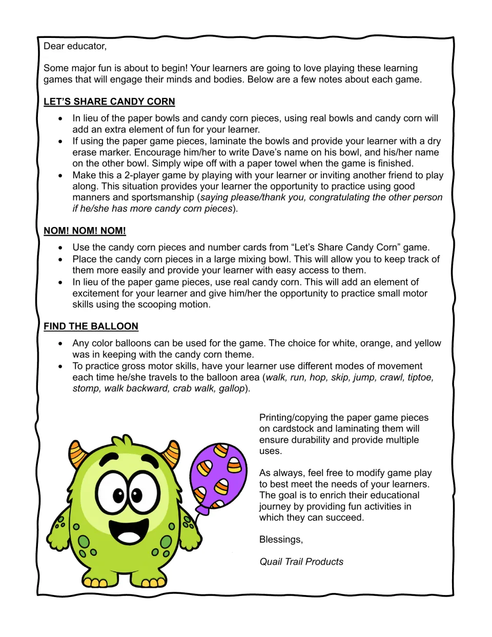 Educator notes for three candy corn games explain materials, two-player options, movement, and preparation.