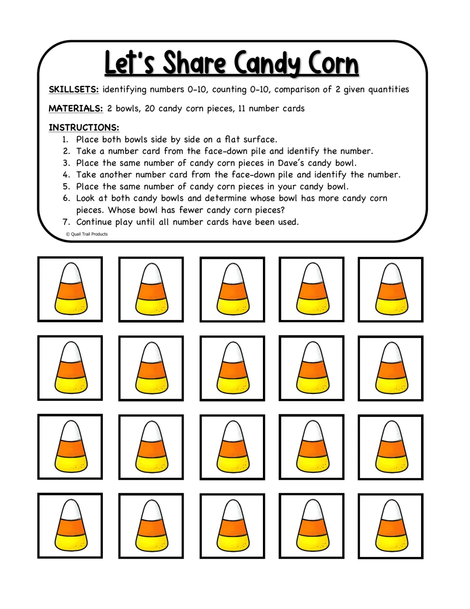 Let's Share Candy Corn directions and 20 candy corn pieces for counting 0–10 and comparing two bowls.