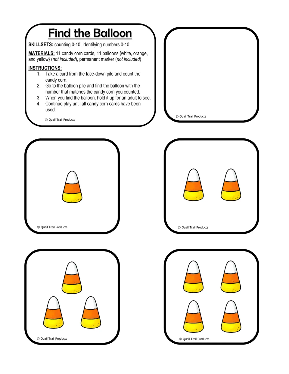 Find the Balloon directions and quantity cards showing 0–4 candy corn pieces for matching numbered balloons.