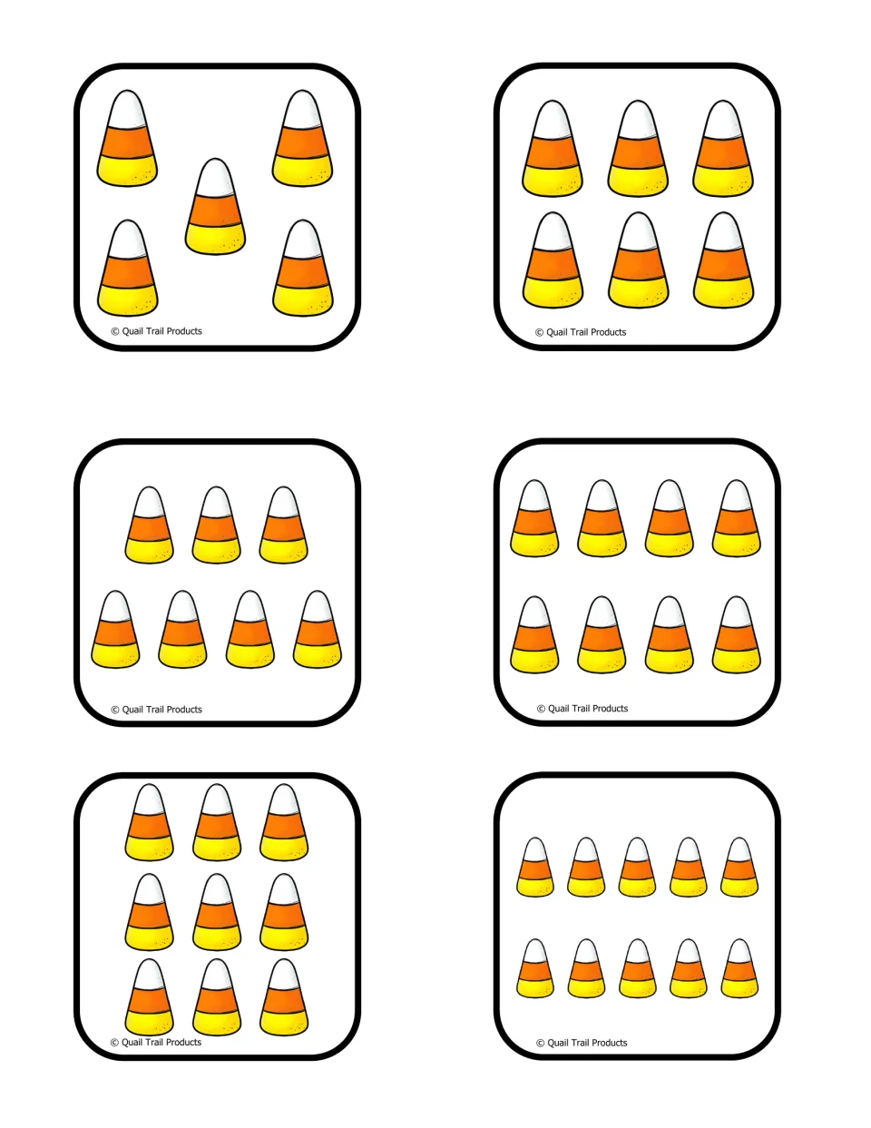 Candy corn quantity cards showing 5, 6, 7, 8, 9, and 10 complete the counting set for the balloon matching game.