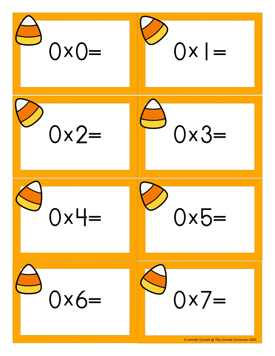 Candy corn flash cards for zero facts: eight cards showing 0 x 0 through 0 x 7 for students to solve and multiply by zero