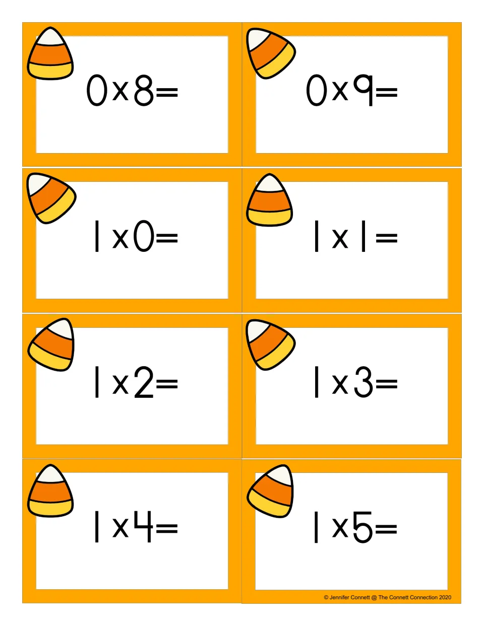 Candy corn flash cards finishing zero facts with 0 x 8 and 0 x 9, then ones facts 1 x 0 through 1 x 5 to solve