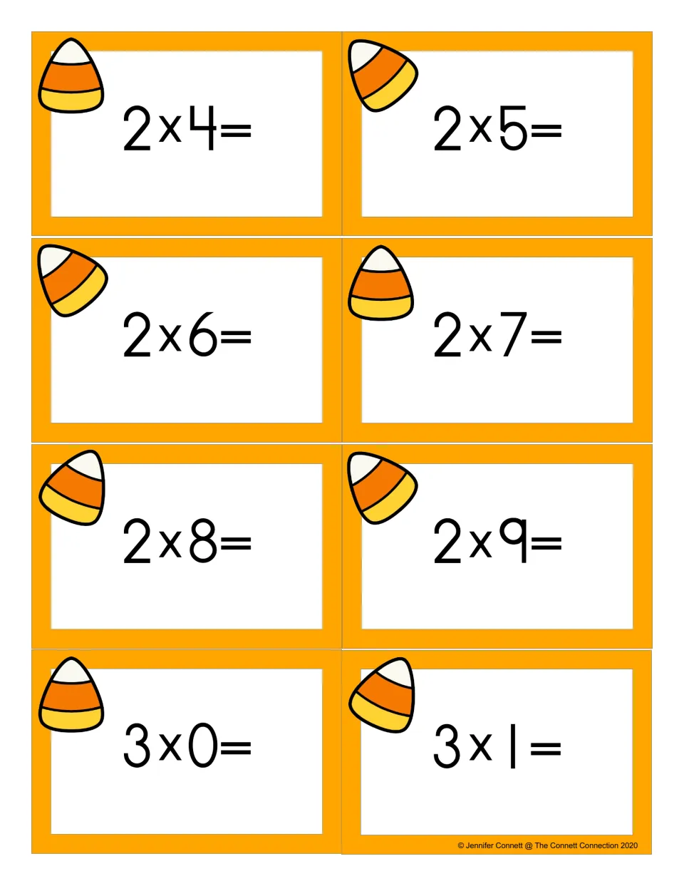 Candy corn flash cards with twos facts 2 x 4 through 2 x 9 plus 3 x 0 and 3 x 1 for students to solve