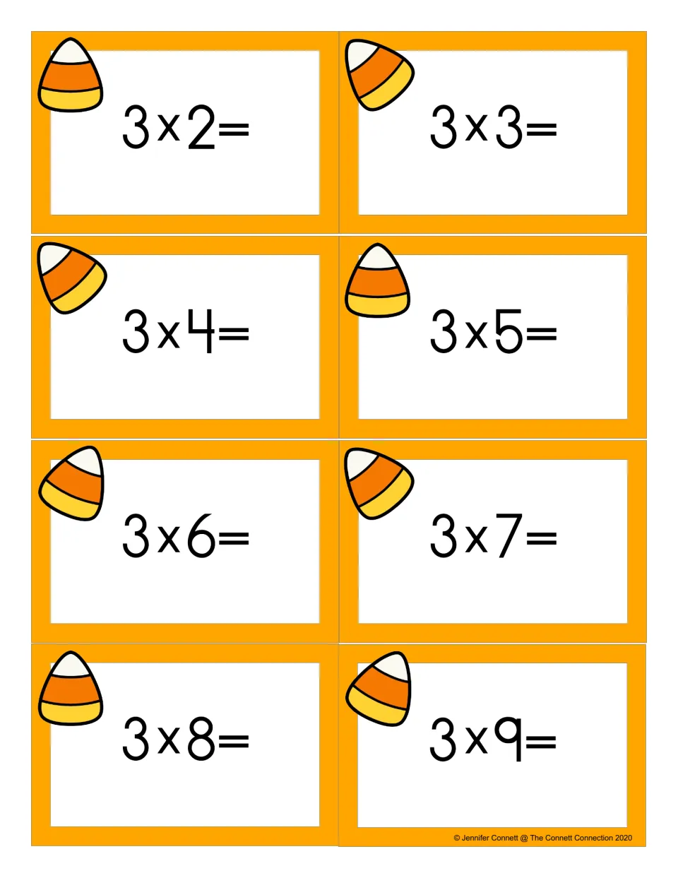 Candy corn flash cards with threes facts 3 x 2 through 3 x 9, each card asking students to give the product