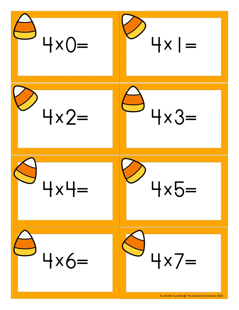 Candy corn flash cards with fours facts 4 x 0 through 4 x 7 for students to solve while practising the fours table