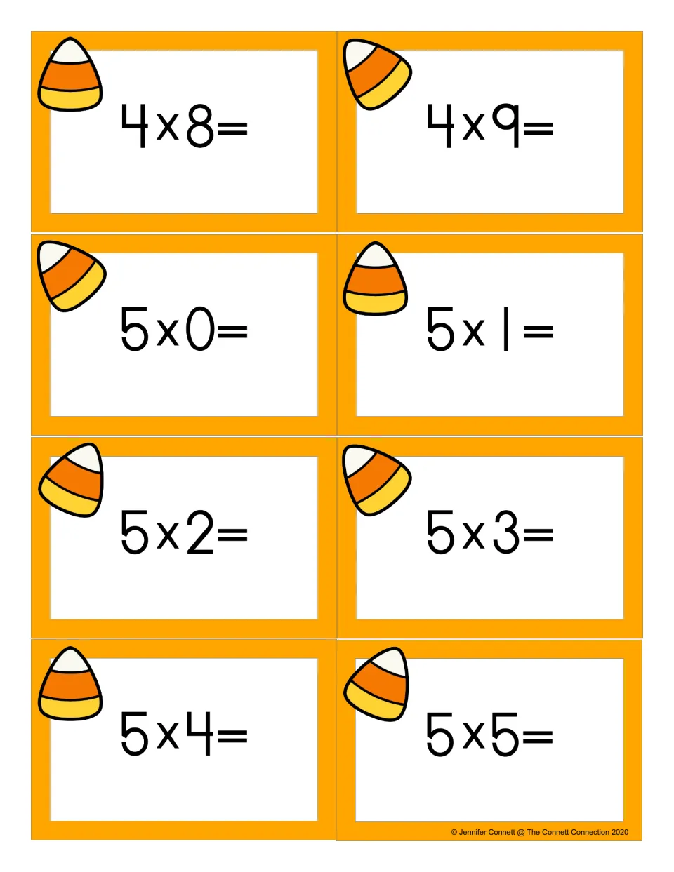 Candy corn flash cards with 4 x 8 and 4 x 9, then fives facts 5 x 0 through 5 x 5 for students to solve