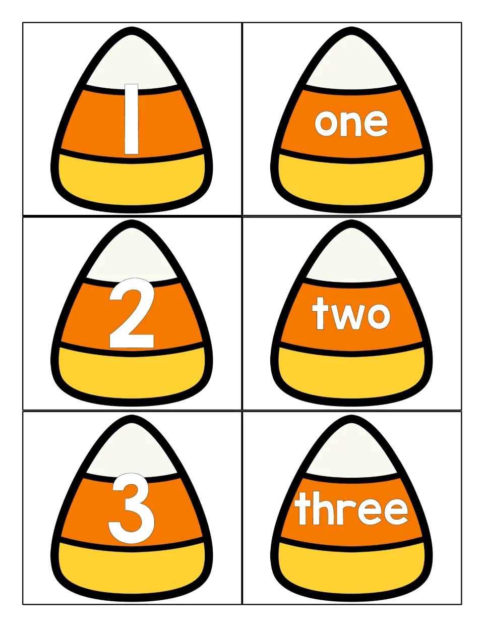 Numbers 1 to 3: candy corn cards with numerals 1, 2 and 3 beside word cards one, two and three for numeral-word matching