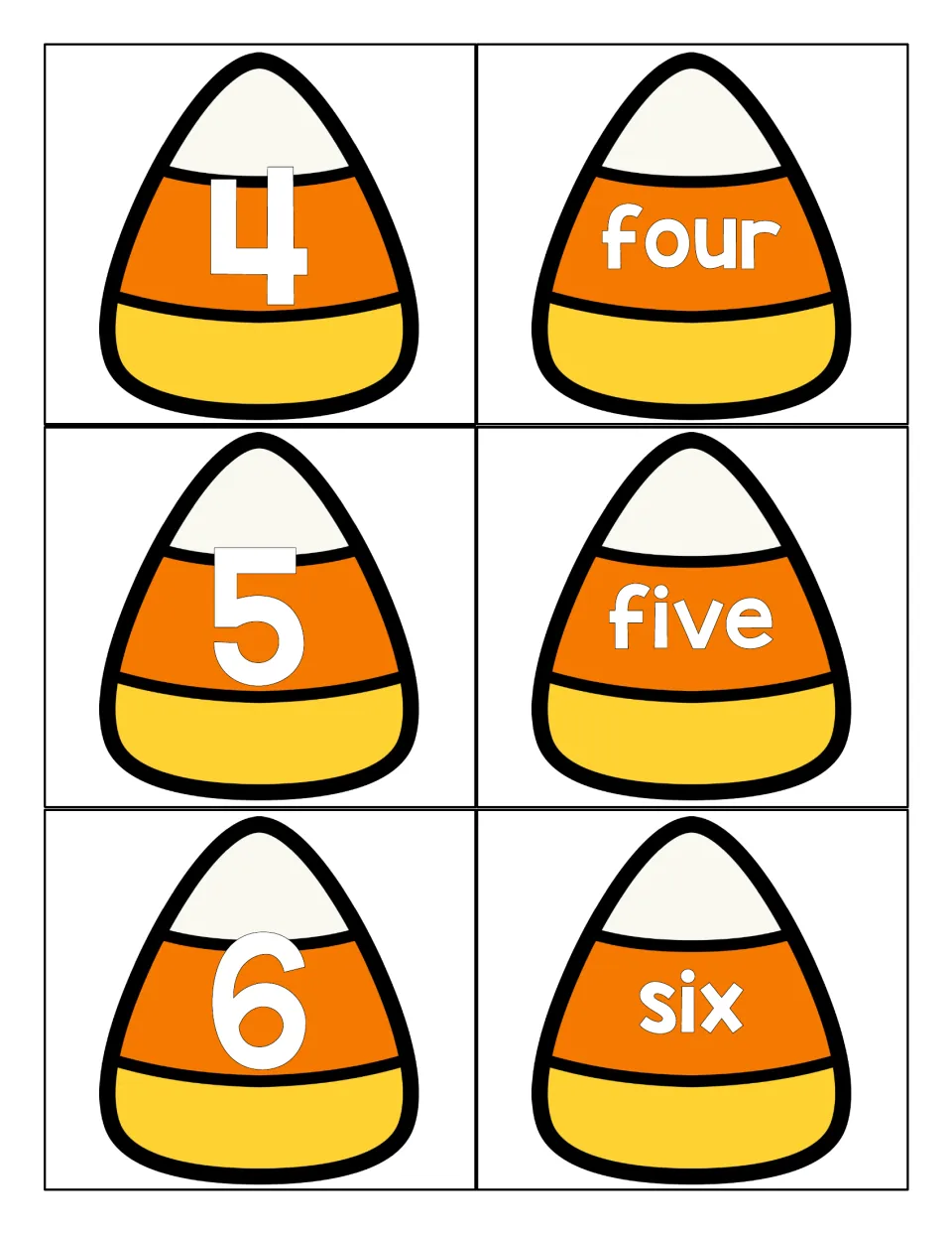 Numbers 4 to 6: candy corn numeral cards 4, 5 and 6 paired with number-word cards four, five and six to match