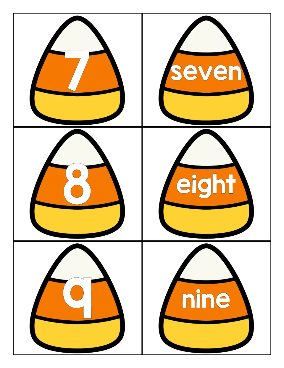 Numbers 7 to 9: candy corn cards showing numerals 7, 8 and 9 and the words seven, eight and nine for number-word matching