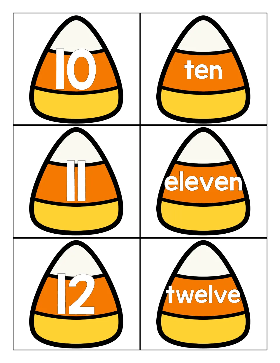 Numbers 10 to 12: candy corn numeral cards 10, 11 and 12 with matching word cards ten, eleven and twelve to read and pair