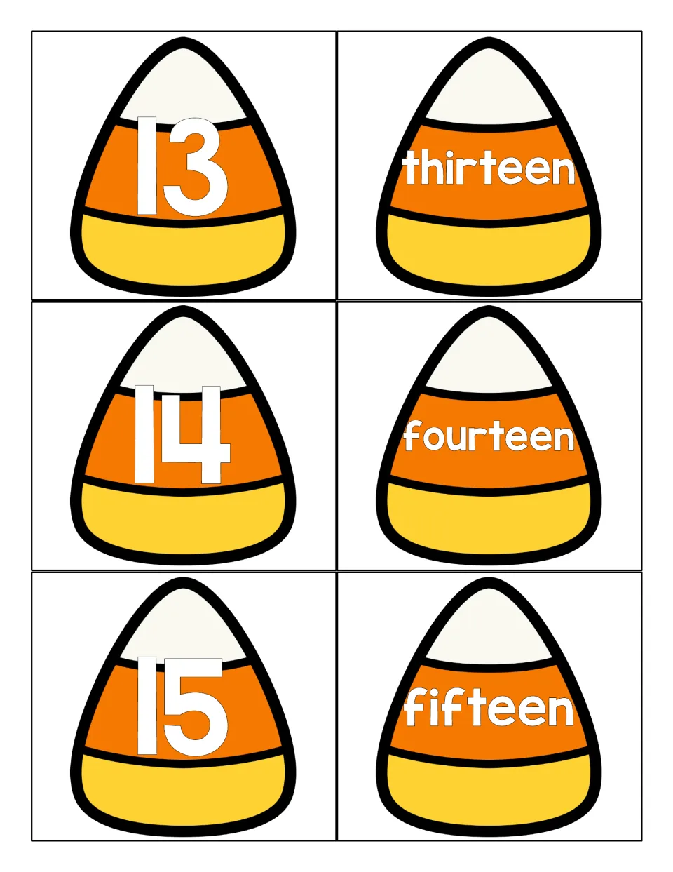 Teen numbers 13 to 15: candy corn cards with numerals 13, 14, 15 and words thirteen, fourteen, fifteen for matching