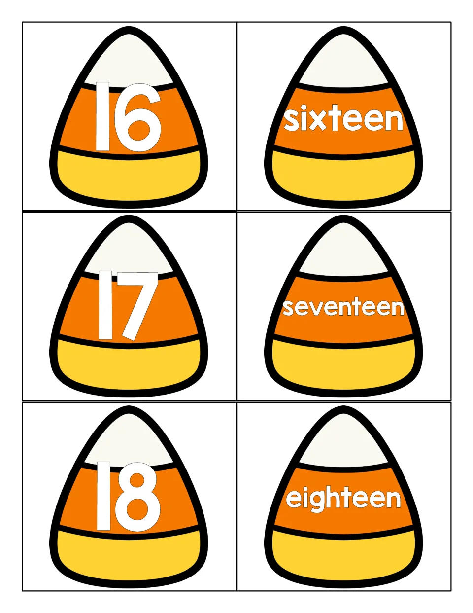 Teen numbers 16 to 18: candy corn numeral cards 16, 17, 18 alongside word cards sixteen, seventeen and eighteen to match