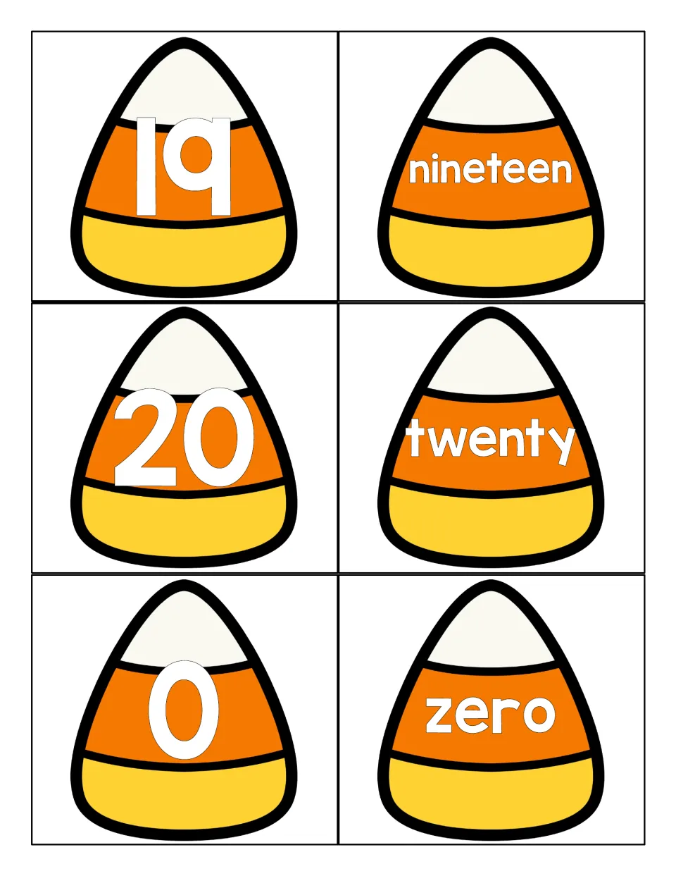 Numbers 19, 20 and 0: candy corn cards with numerals 19, 20 and 0 and the words nineteen, twenty and zero for matching