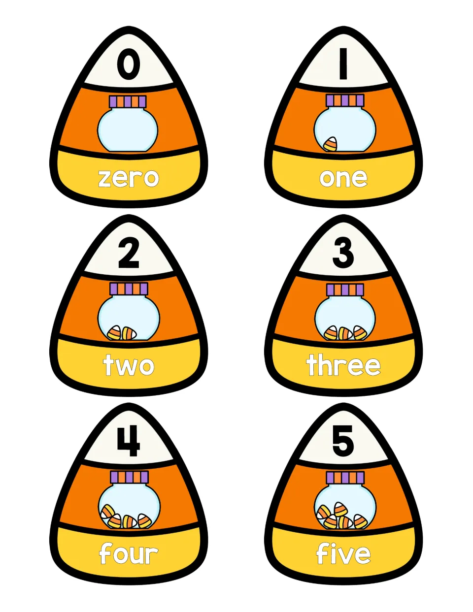 Numbers 0 to 5 candy corn puzzles: students match each numeral, a jar holding that many candies and the number word