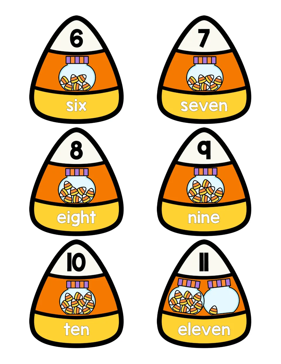 Numbers 6 to 11 candy corn puzzles: students join each numeral, jar of candies and number word; 11 shows a full jar plus one