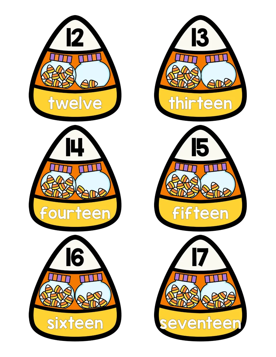 Teen numbers 12 to 17 candy corn puzzles: students match a full jar of ten plus extra candies to each numeral and word