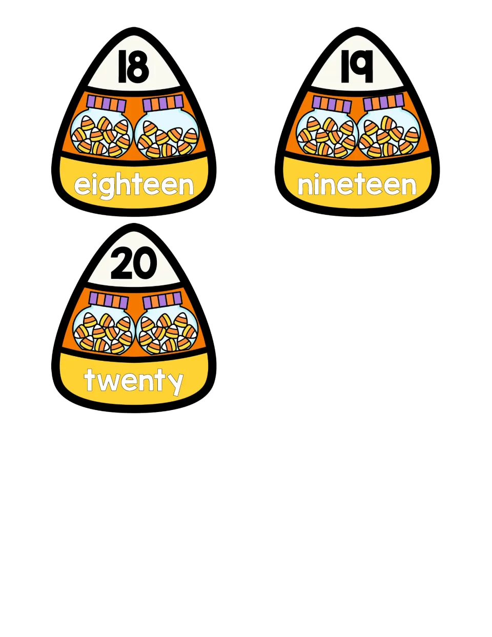 Numbers 18, 19 and 20 candy corn puzzles: students match two jars of candies to each numeral and number word, up to twenty