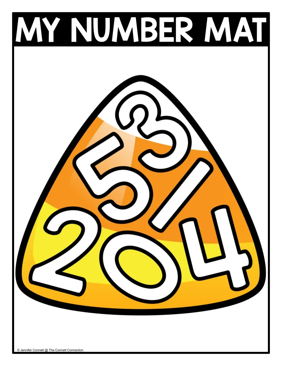 My Number Mat, color: numerals 0 to 5 jumbled on an orange and yellow candy corn for students to seek and find