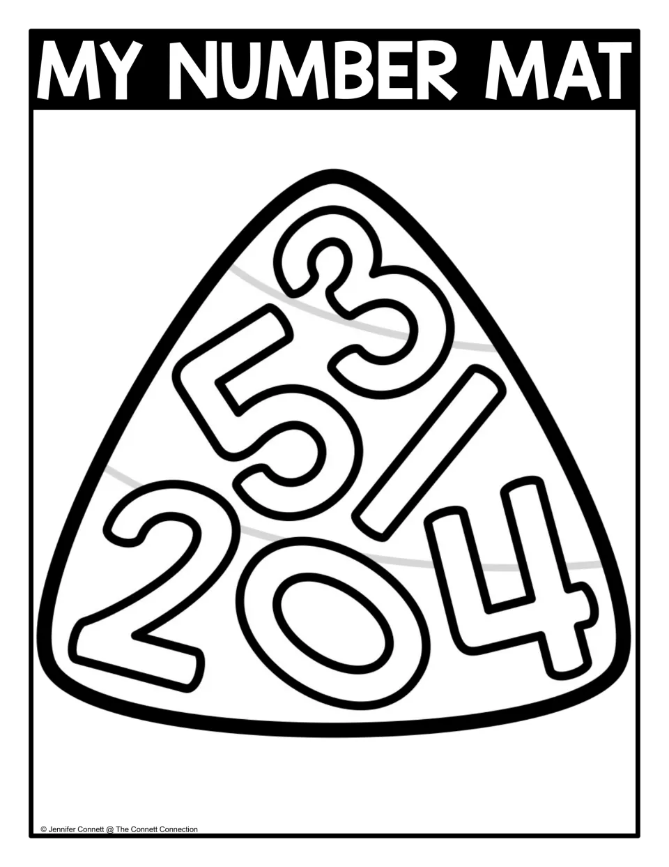 My Number Mat, black and white: numerals 0 to 5 jumbled on a candy corn outline for students to find and color in