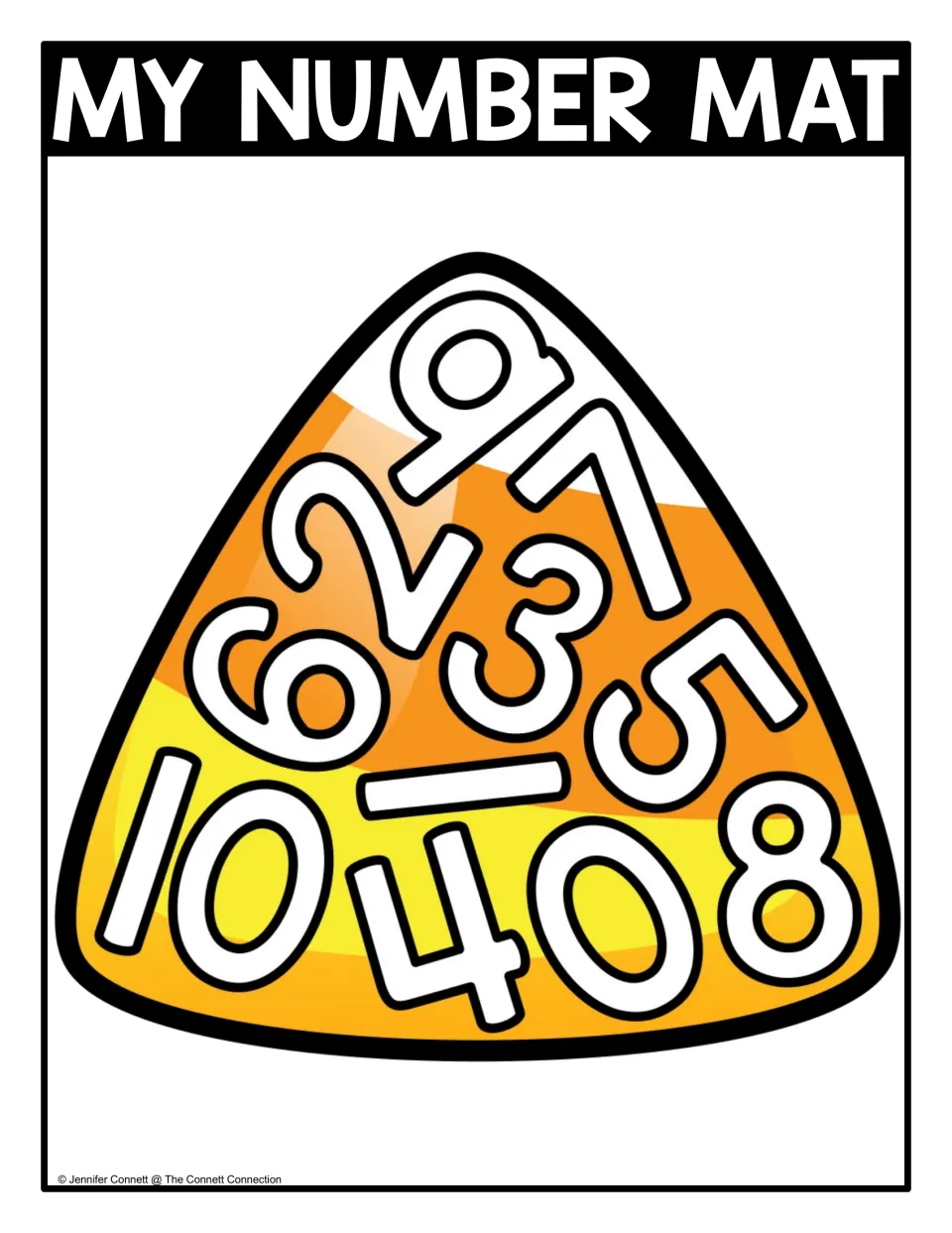 My Number Mat, color: numerals 0 to 10 overlap on a candy corn; students seek and find each number to build recognition