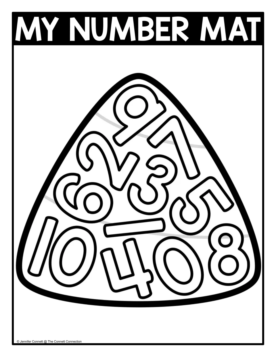 My Number Mat, black and white: numerals 0 to 10 overlap inside a candy corn outline for students to locate and color