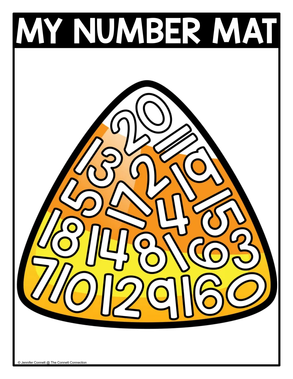My Number Mat, color: numerals 0 to 20 packed on a candy corn; students hunt for teen numbers and others to 20
