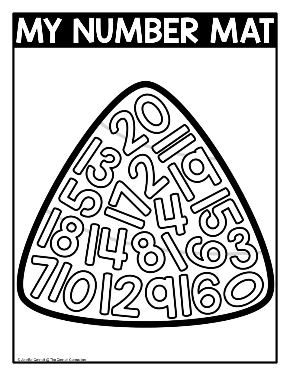 My Number Mat, black and white: numerals 0 to 20 packed in a candy corn outline to find and color, including teen numbers