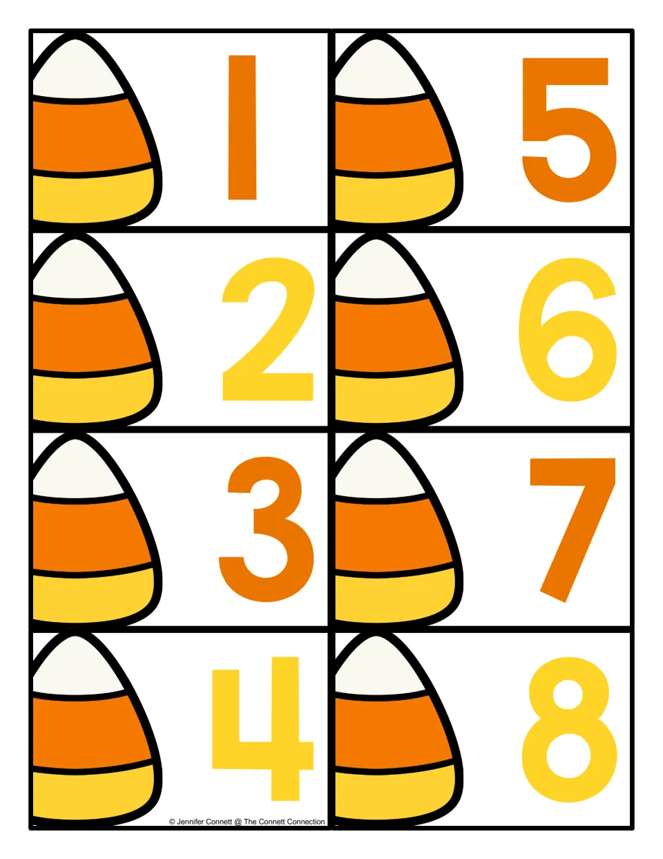 Candy corn number cards 1 to 8, each pairing a candy corn picture with an orange or yellow numeral, to cut out