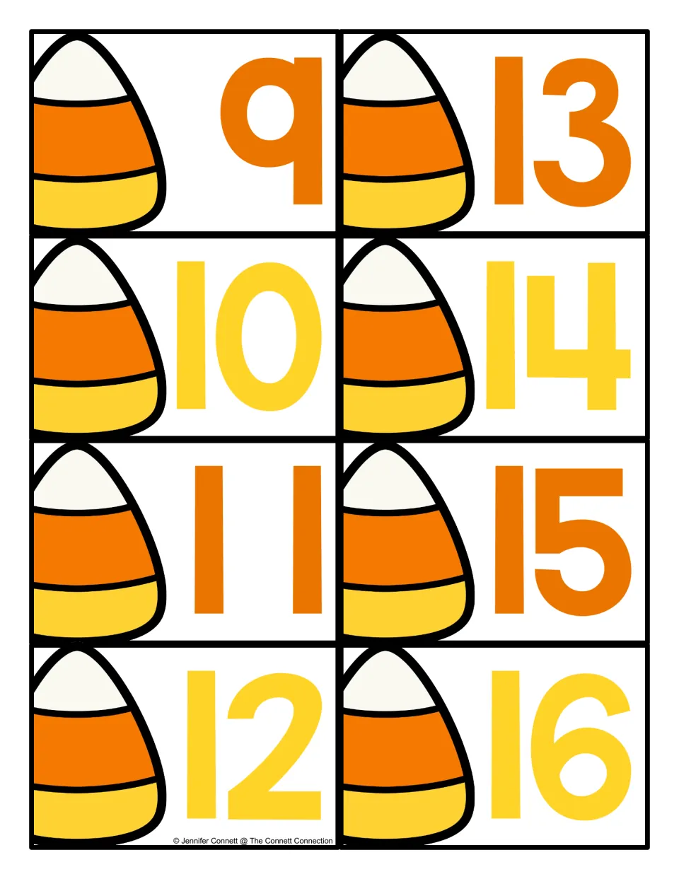 Candy corn number cards 9 to 16, each showing a candy corn picture beside a large numeral for cutting apart
