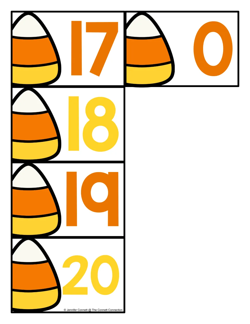 Candy corn number cards 17, 18, 19, 20 and 0, each with a candy corn picture and a numeral, completing the card set